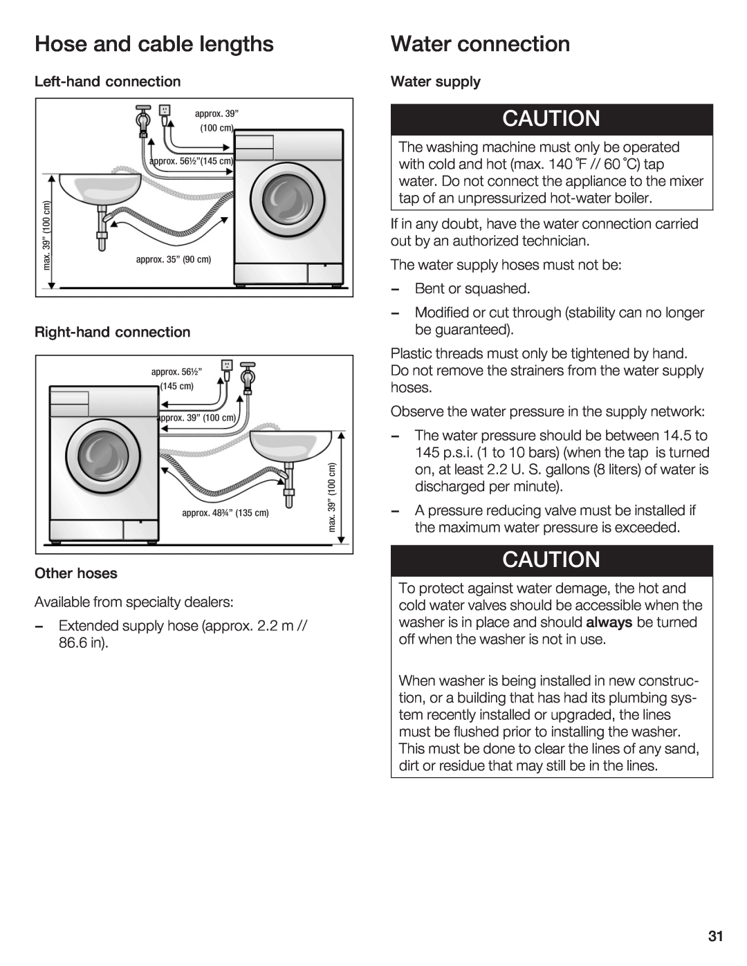 Bosch Appliances WFL 2050, WFL 2060 manual Hose, and cable, lengths, Water connection, Cautin 