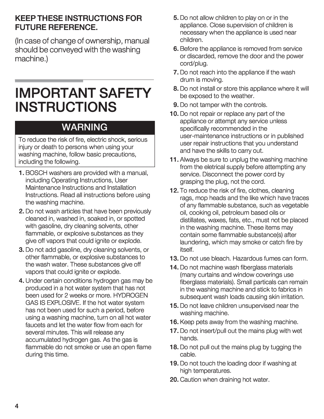 Bosch Appliances WFL 2060, WFL 2050 manual Instructions, Safety 