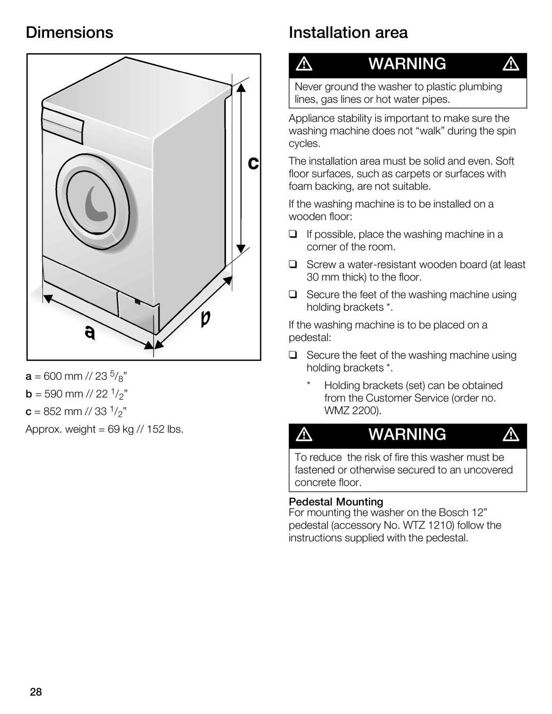 Bosch Appliances WFL 2090 manual Dimensions, Installation area 