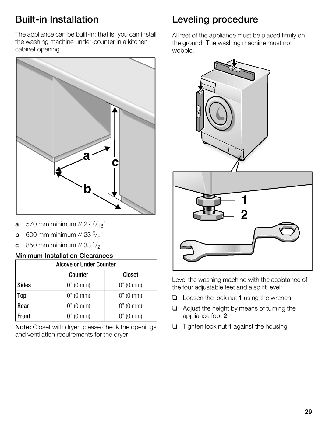 Bosch Appliances WFL 2090 manual BuiltCin Installation Leveling procedure 