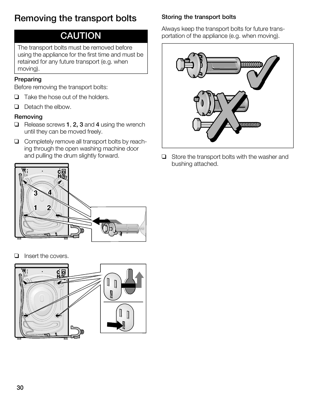 Bosch Appliances WFL 2090 manual Removing the transport bolts 