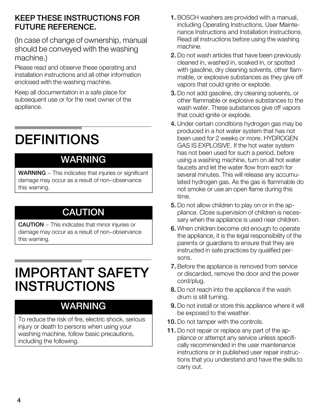 Bosch Appliances WFL 2090 manual Definitions 