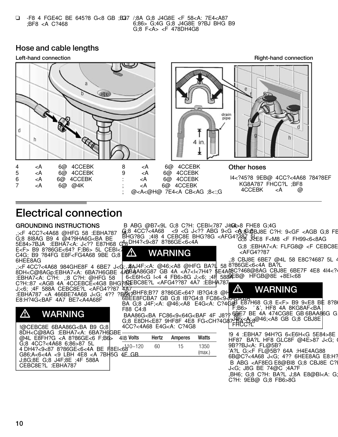 Bosch Appliances WFMC8400UC manual Electrical Connection, Hose and cable lengths, Other hoses, Do not 