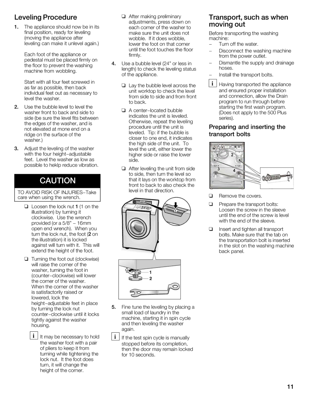 Bosch Appliances WFMC8400UC Leveling Procedure, Transport, such As when, Moving out, Preparing Inserting, Transport Bolts 