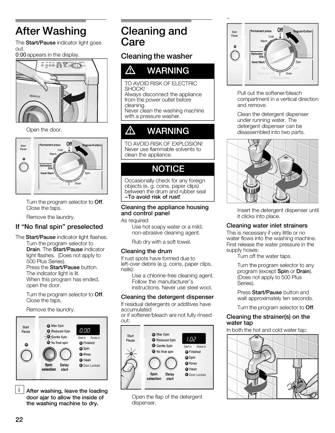 Bosch Appliances WFMC8400UC manual After Washing, Cleaning and Care, Cleaning the washer, Final Spin Preselected 