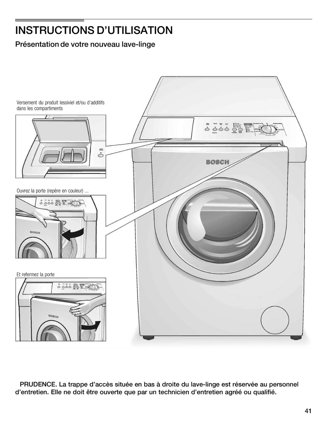 Bosch Appliances WFMC8400UC manual Instructions Dutilisation, Présentation de votre nouveau lavelinge 