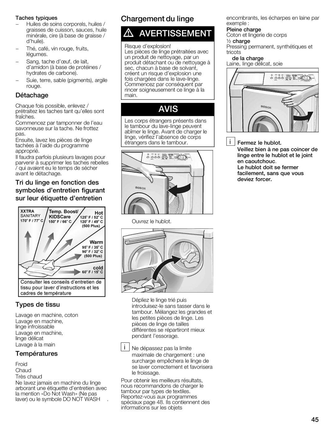 Bosch Appliances WFMC8400UC manual Chargement Linge, Taches Typiques, Encombrants, les écharpes en laine par 