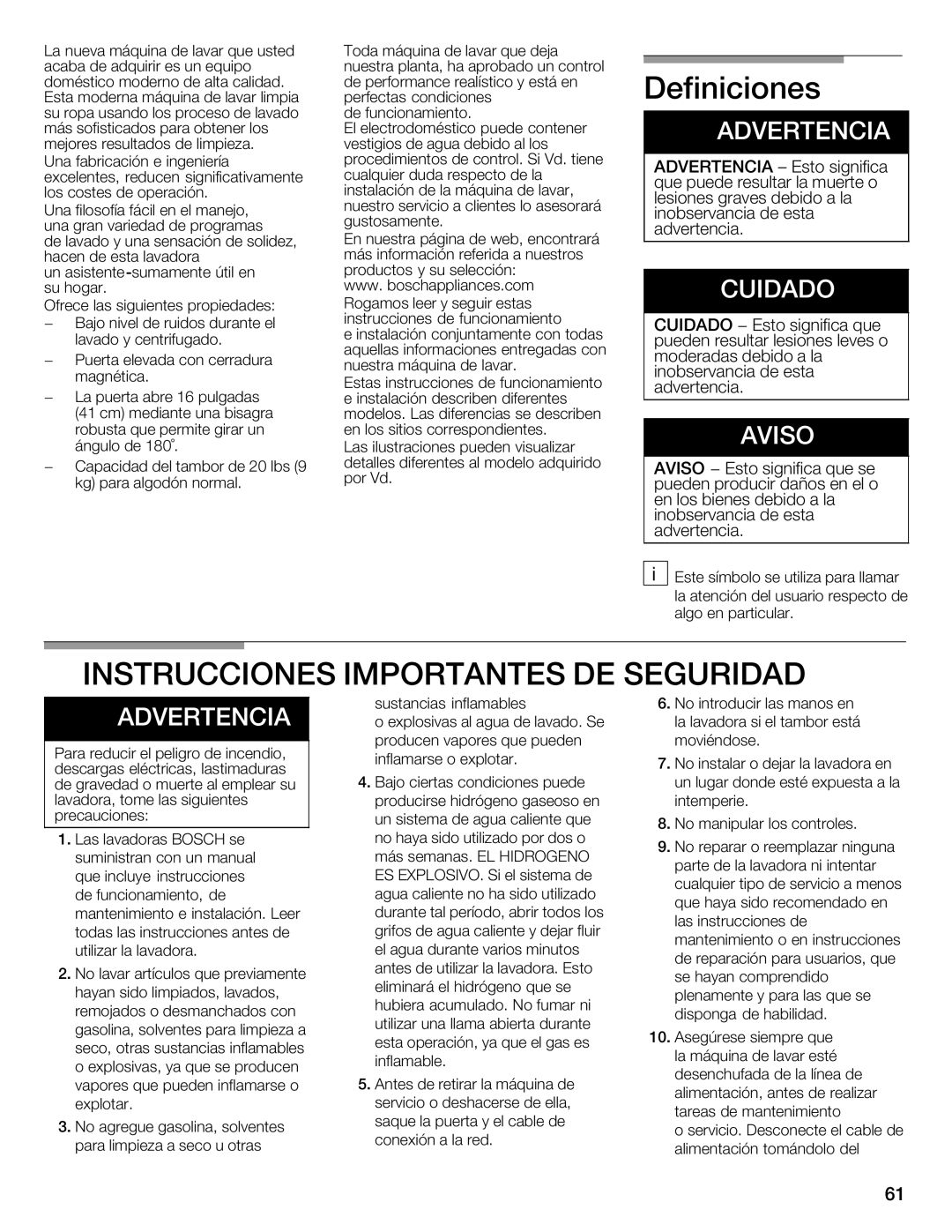 Bosch Appliances WFMC8400UC manual Definiciones, Importantes Deseguridad 