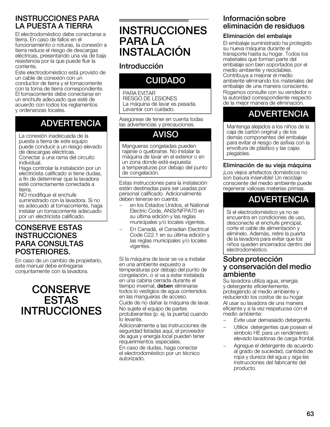 Bosch Appliances WFMC8400UC manual Instrucciones, Para, Instalación, Conserve 