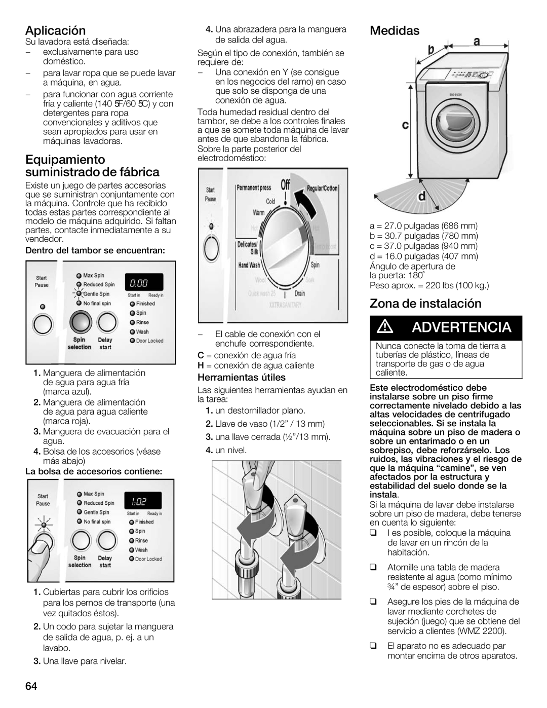 Bosch Appliances WFMC8400UC manual Aplicación, Equipamiento, Suministrado Fábrica, Zona de instalación, Herramientas útiles 