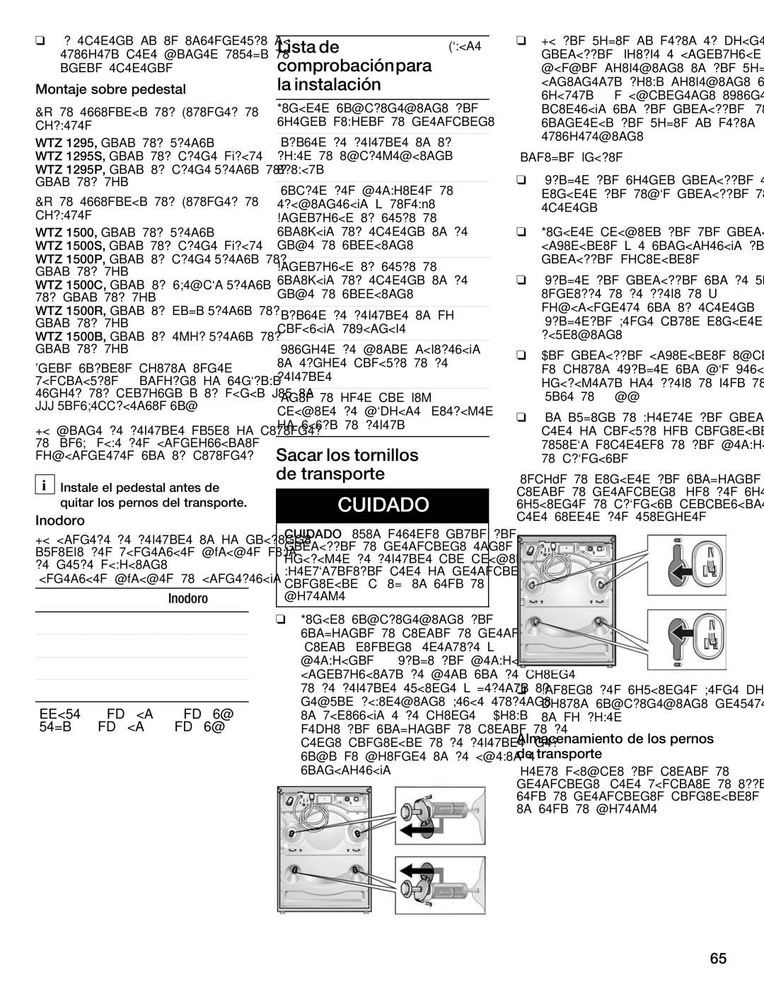 Bosch Appliances WFMC8400UC manual Lista, Para, Comprobación, Instalación, Sacar Los Tornillos, Detransporte 