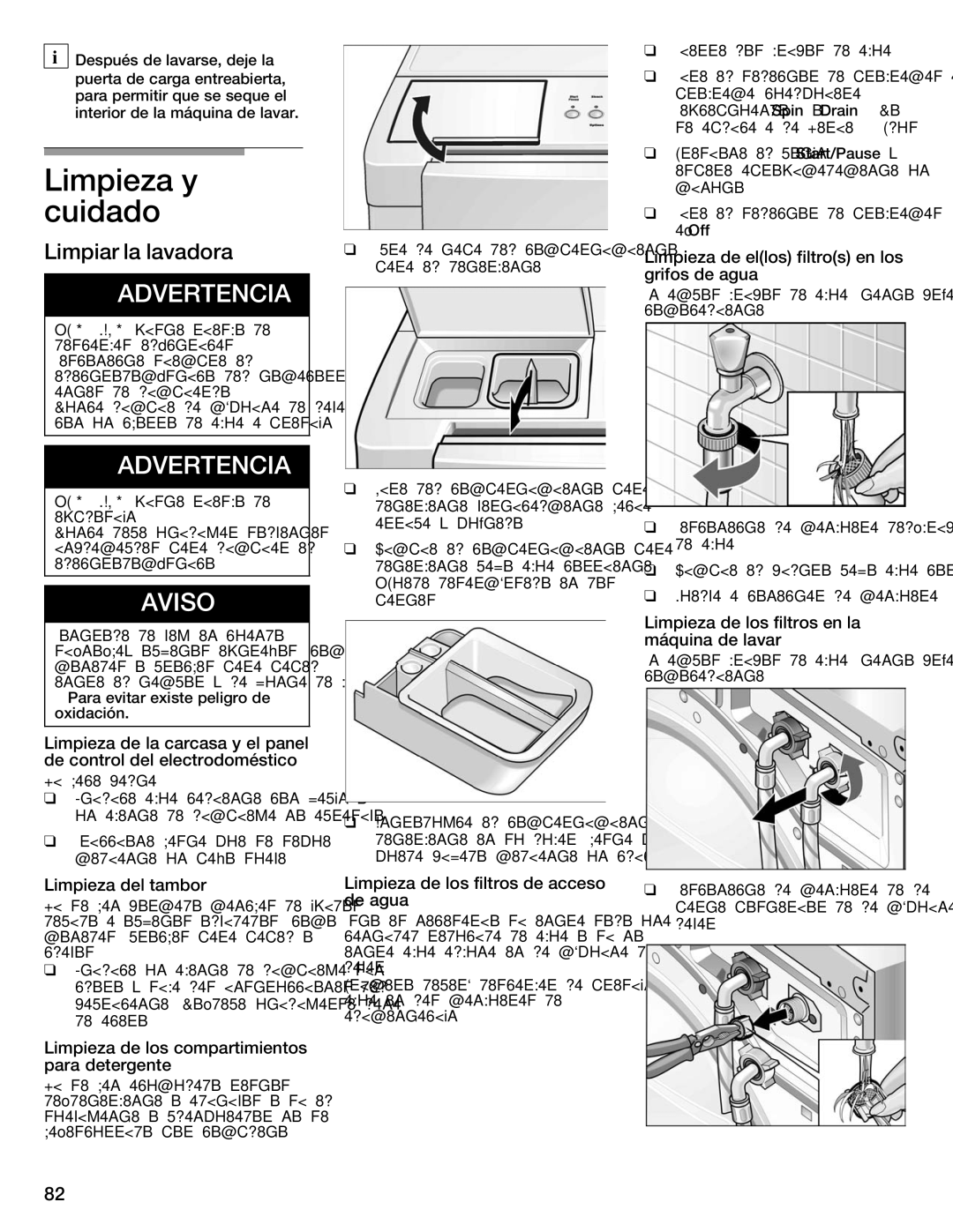 Bosch Appliances WFMC8400UC manual Limpieza y cuidado, Limpiar la lavadora, Limpieza de ellos filtros en los grifos de agua 