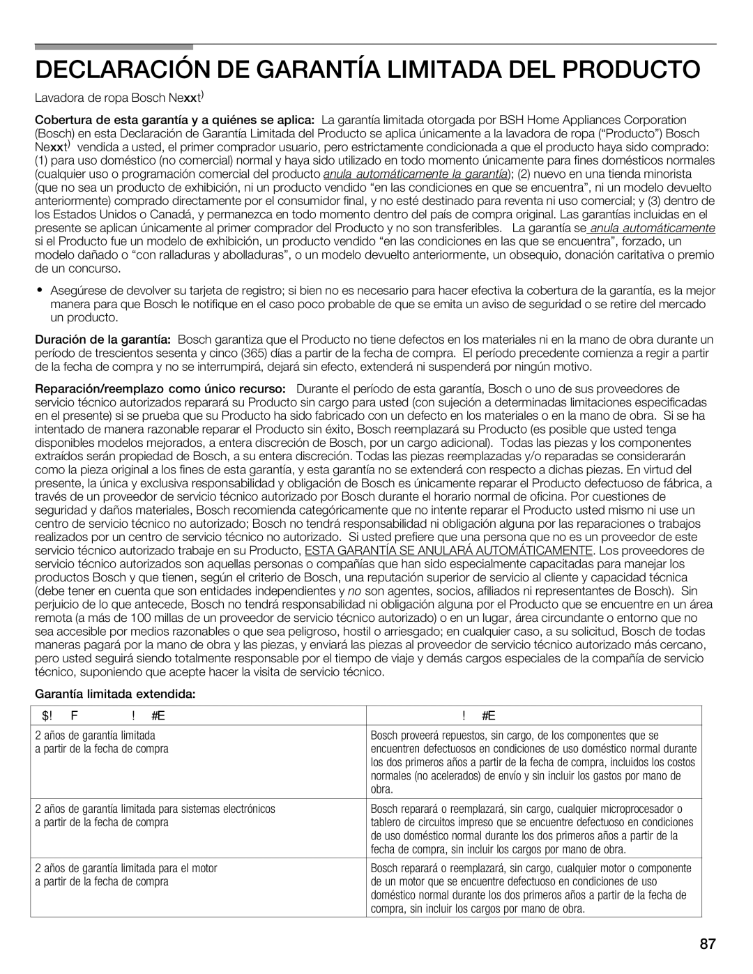 Bosch Appliances WFMC8400UC manual Declaración DE Garantía Limitada DEL Product, DE LA Garantía Alcance DE LA Garantía 