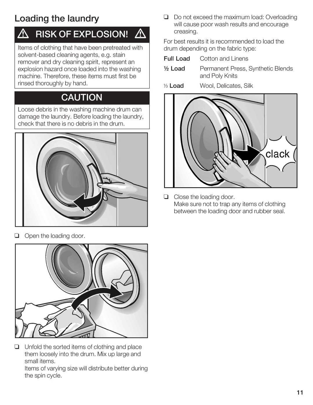 Bosch Appliances WFR 2450, WFR 2460 manual Loading the laundry, Risk F Explsin, Cautin 