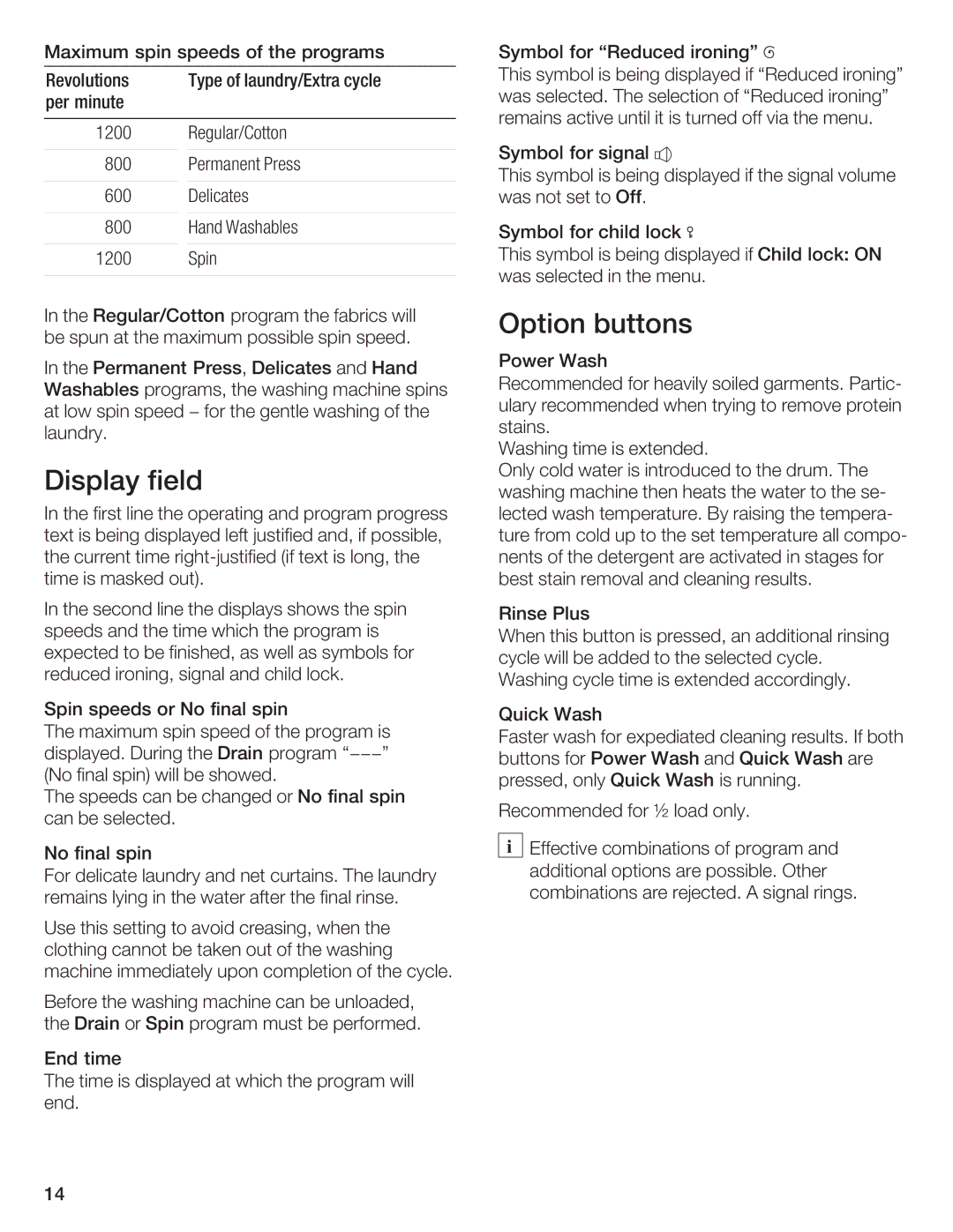 Bosch Appliances WFR 2460, WFR 2450 manual Option buttons, Display Field 