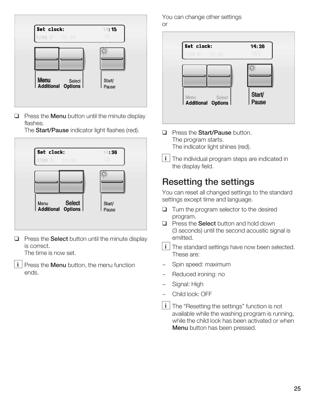 Bosch Appliances WFR 2450, WFR 2460 manual Resetting the settings 