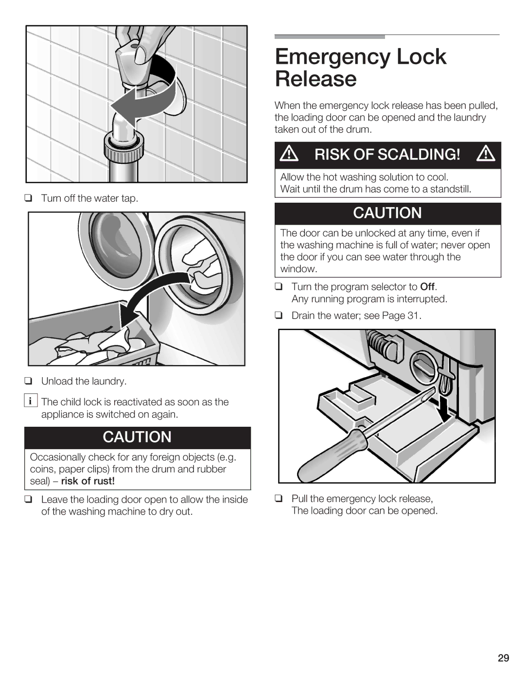 Bosch Appliances WFR 2450, WFR 2460 manual Emergency Lock Release, RSK of Scaldng, Cauton 