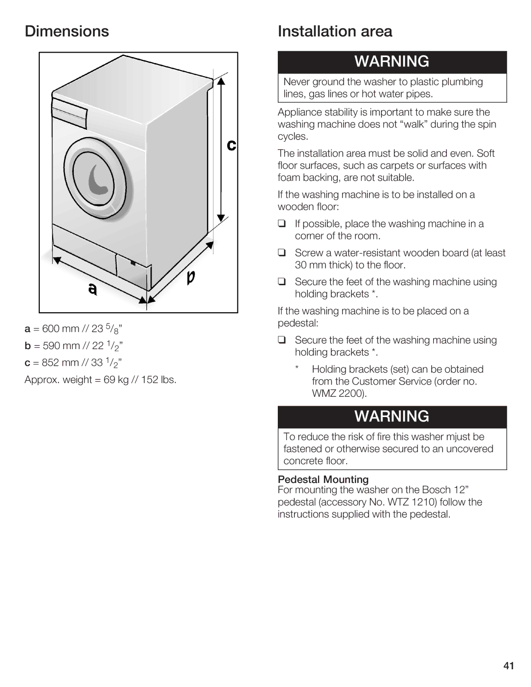 Bosch Appliances WFR 2450, WFR 2460 manual Dimensions, Installation area 