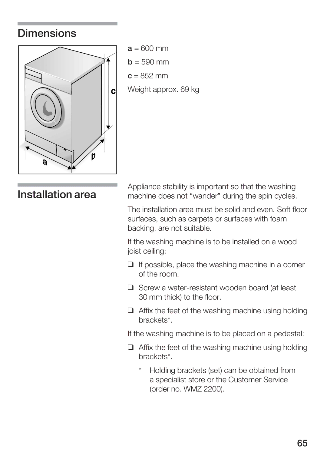 Bosch Appliances WFR 3230 instruction manual Dimensions Installation area 