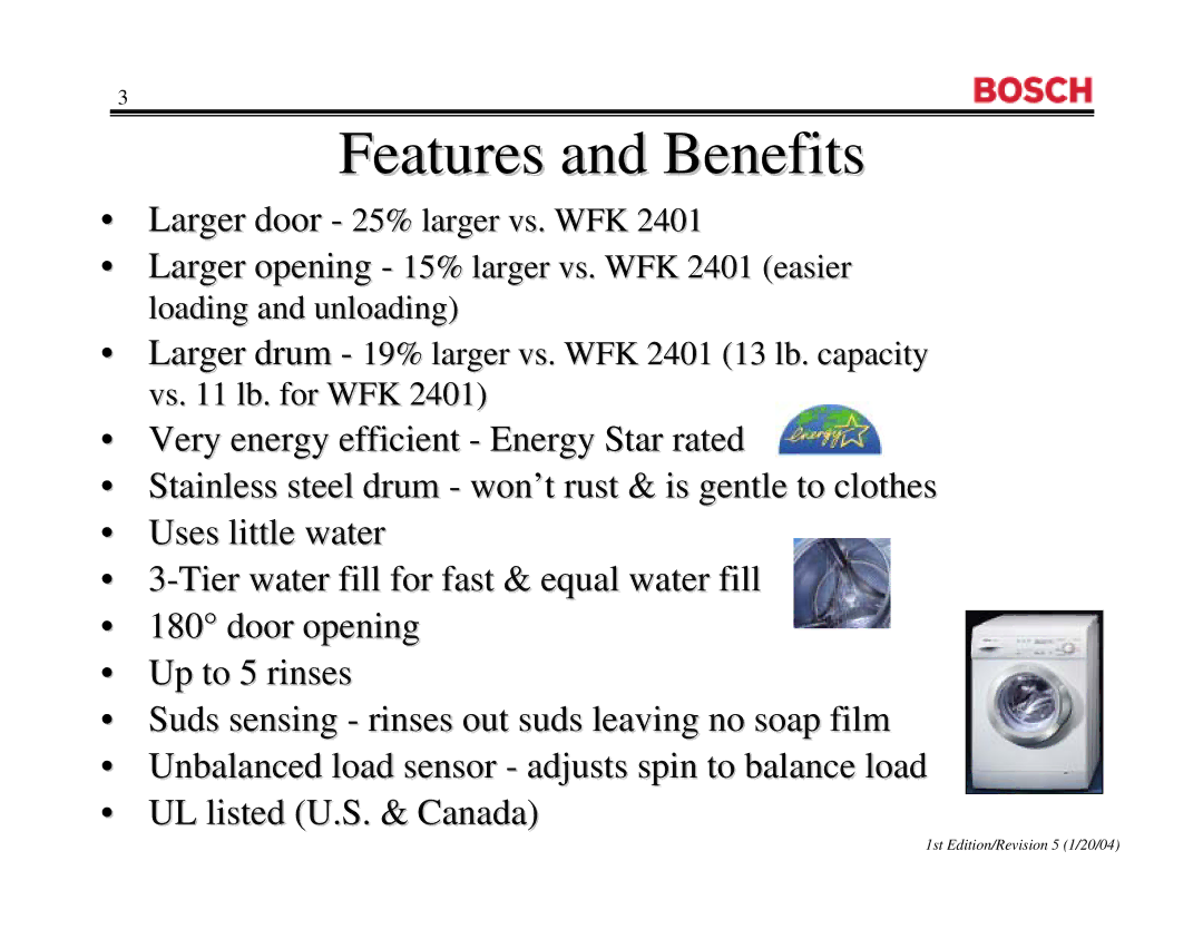 Bosch Appliances WFR2460UC, WFR 2460UC, WFL 2060UC manual Features and Benefits 