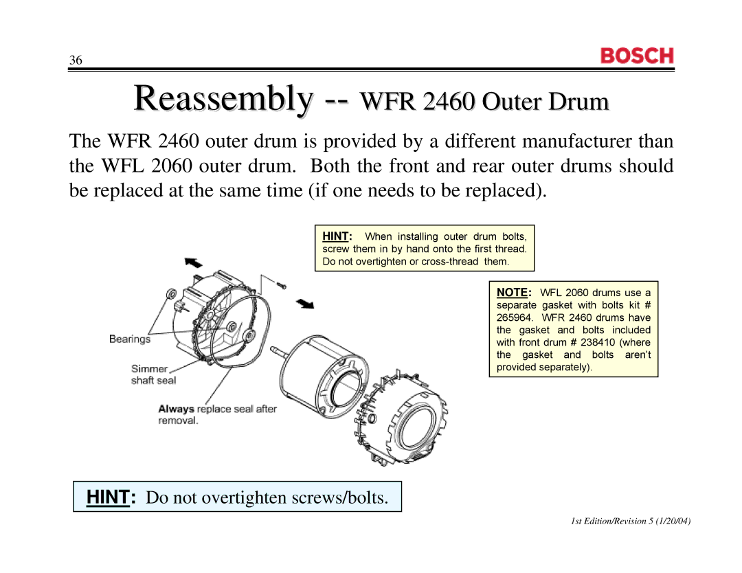 Bosch Appliances WFR2460UC, WFR 2460UC, WFL 2060UC manual Reassembly --WFR 2460 Outer Drumum 