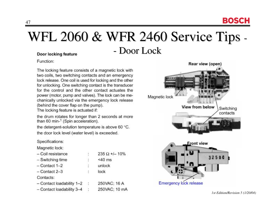 Bosch Appliances WFL 2060UC, WFR2460UC, WFR 2460UC manual Door Lock 