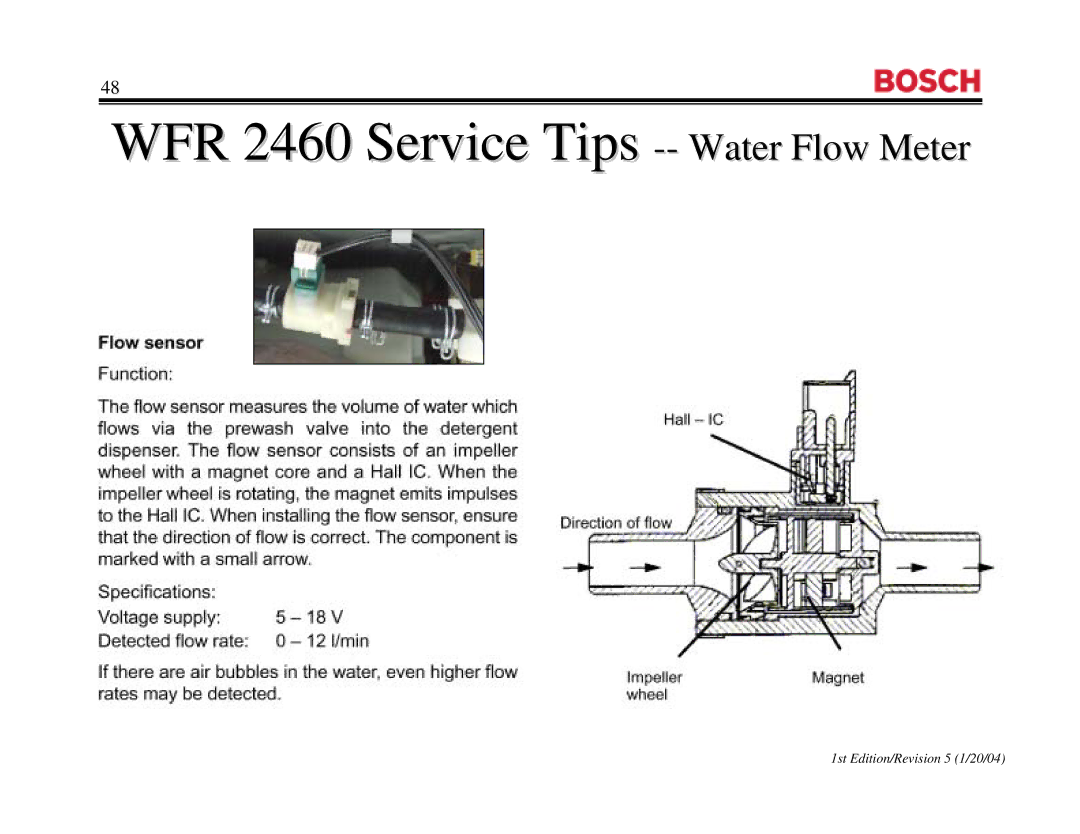 Bosch Appliances WFR2460UC, WFR 2460UC, WFL 2060UC manual WFR 2460 Service Tips -- Water Floww MeterMeter 