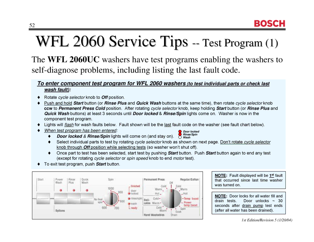 Bosch Appliances WFR 2460UC, WFR2460UC, WFL 2060UC manual WFL 2060 Service Tips -- Test Programram 