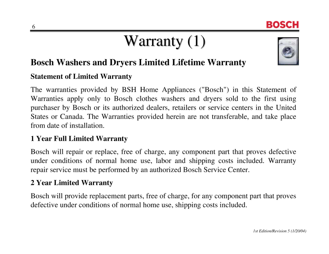 Bosch Appliances WFR2460UC, WFR 2460UC, WFL 2060UC manual Warranty 