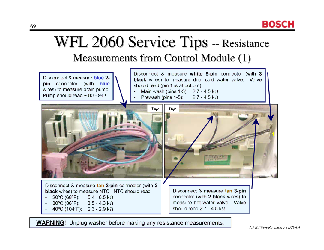 Bosch Appliances WFR2460UC, WFR 2460UC, WFL 2060UC manual WFL 2060 Service Tips -- Resistancence 