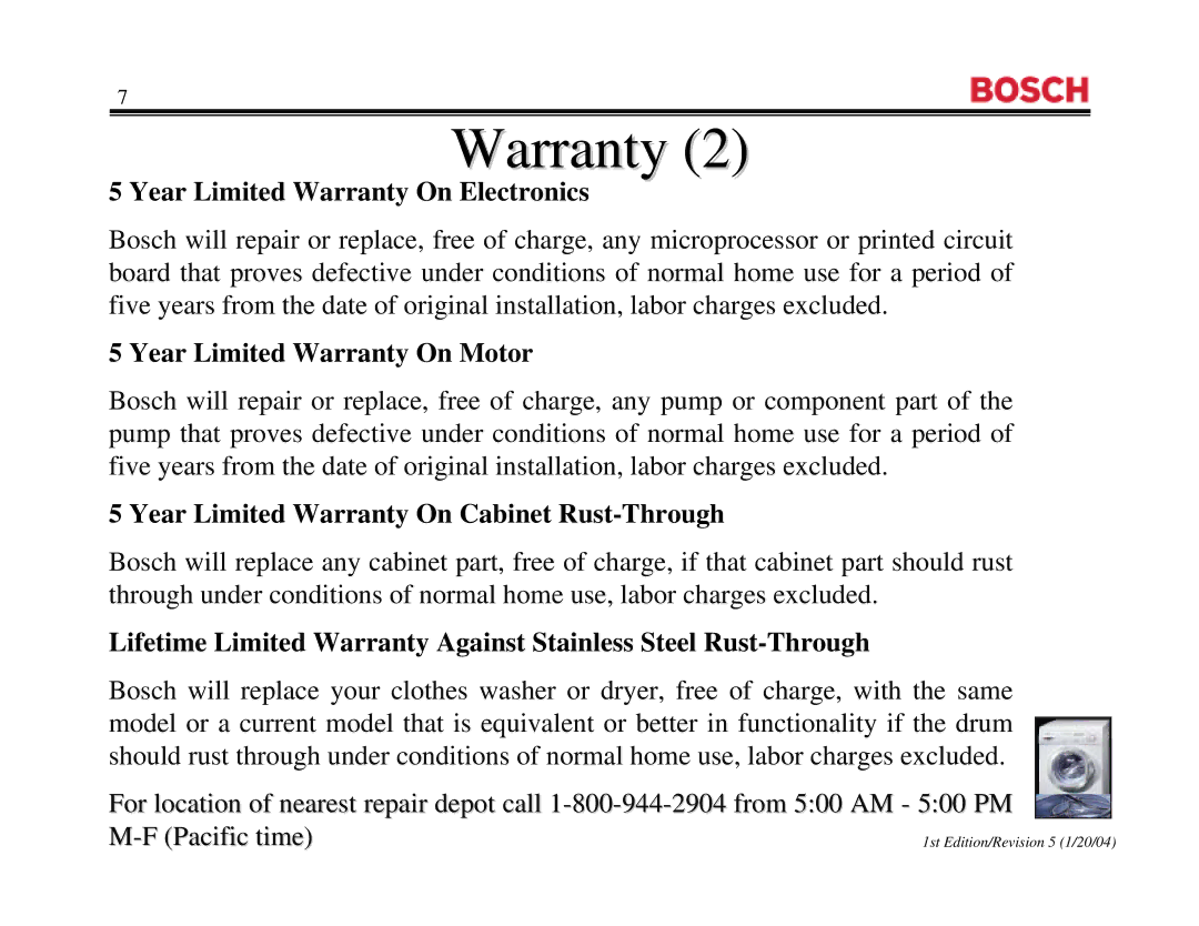 Bosch Appliances WFR 2460UC, WFR2460UC, WFL 2060UC manual Year Limited Warranty On Electronics 