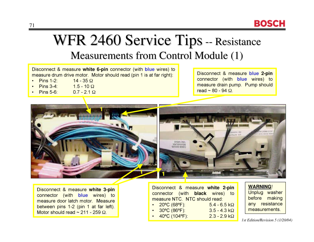 Bosch Appliances WFL 2060UC, WFR2460UC, WFR 2460UC manual WFR 2460 Service Tips -- Resistancence 