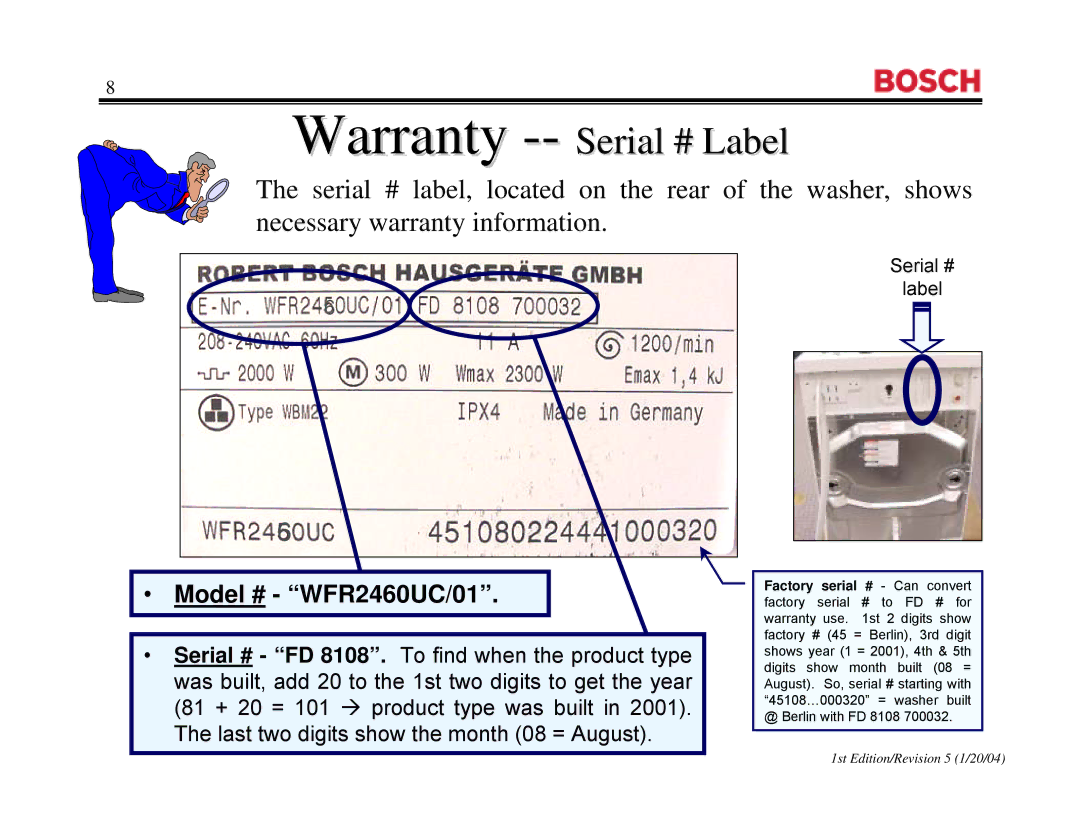 Bosch Appliances WFL 2060UC, WFR 2460UC manual Warranty --Serial # Label, Model # WFR2460UC/01 