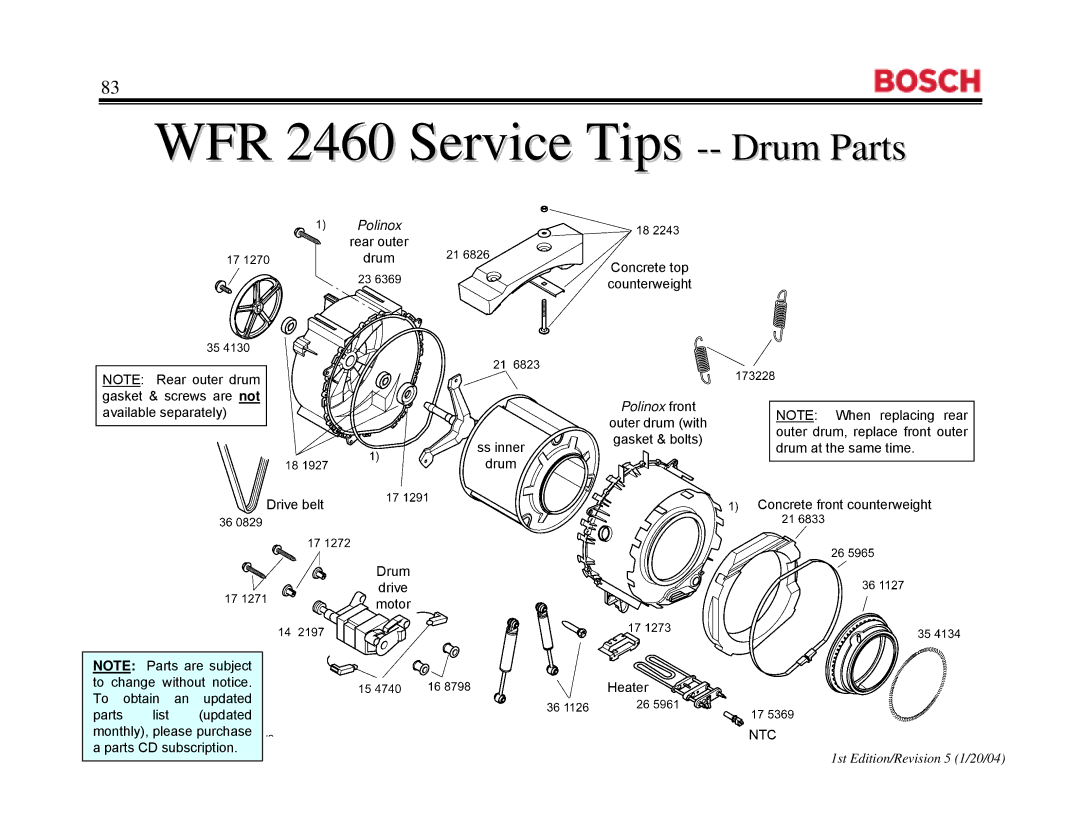 Bosch Appliances WFL 2060UC, WFR2460UC, WFR 2460UC manual WFR 2460 Service Tips -- Drum Partsarts 