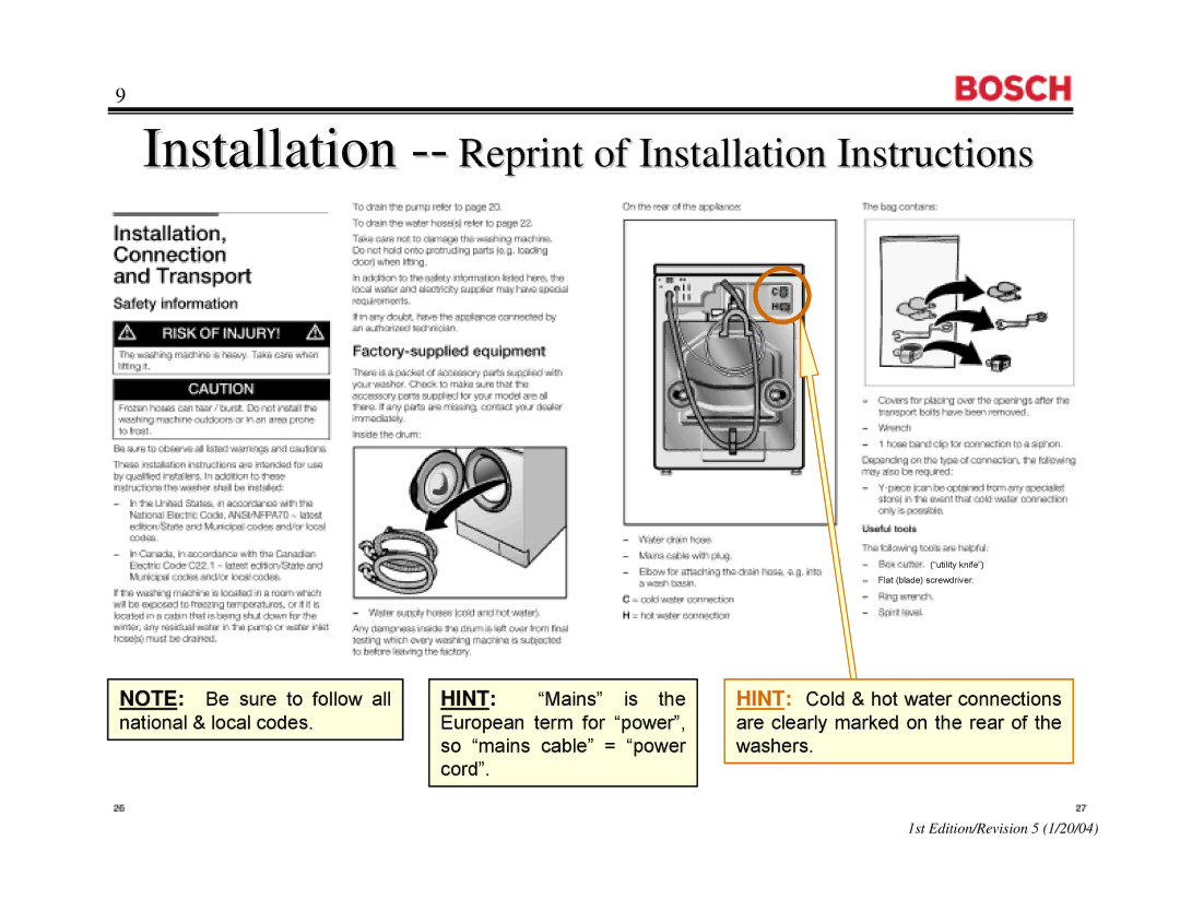 Bosch Appliances WFR2460UC, WFR 2460UC, WFL 2060UC manual Installation --Reprint of Installation Instructionsuctions 