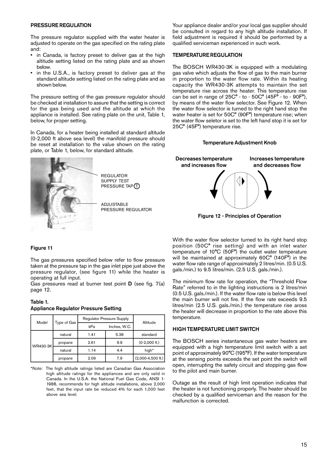 Bosch Appliances WR430-3K manual Pressure Regulation, Temperature Regulation, High Temperature Limit Switch 