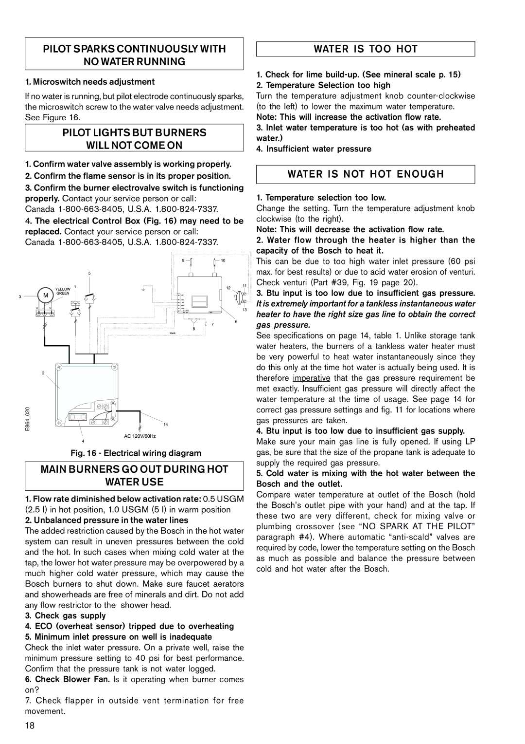 Bosch Appliances WR430-3K manual Pilot Sparks Continuously with No Water Running, Pilot Lights but Burners Will not Come on 