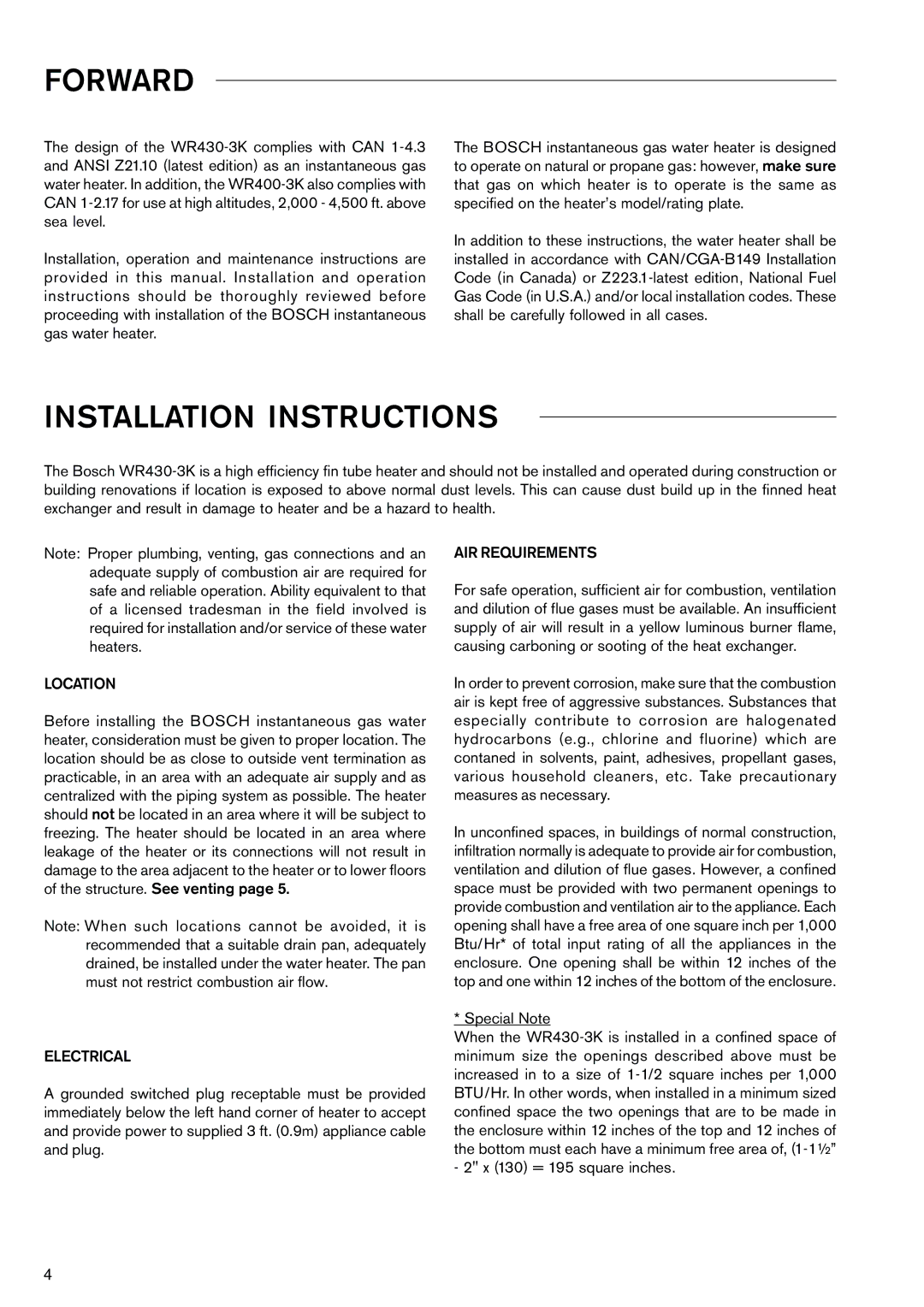 Bosch Appliances WR430-3K manual Location, Electrical, AIR Requirements 