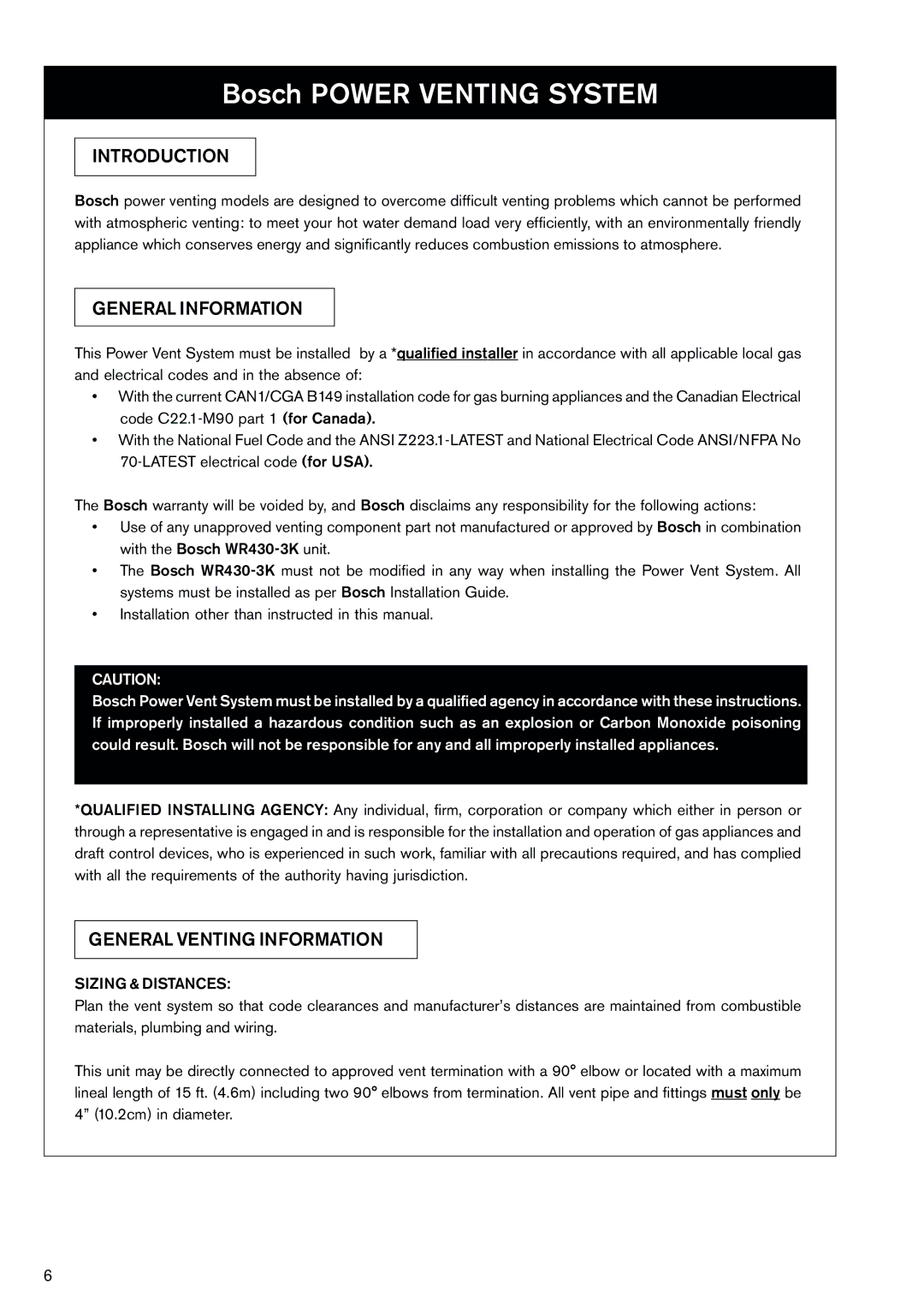 Bosch Appliances WR430-3K manual Introduction, General Information, General Venting Information, Sizing & Distances 