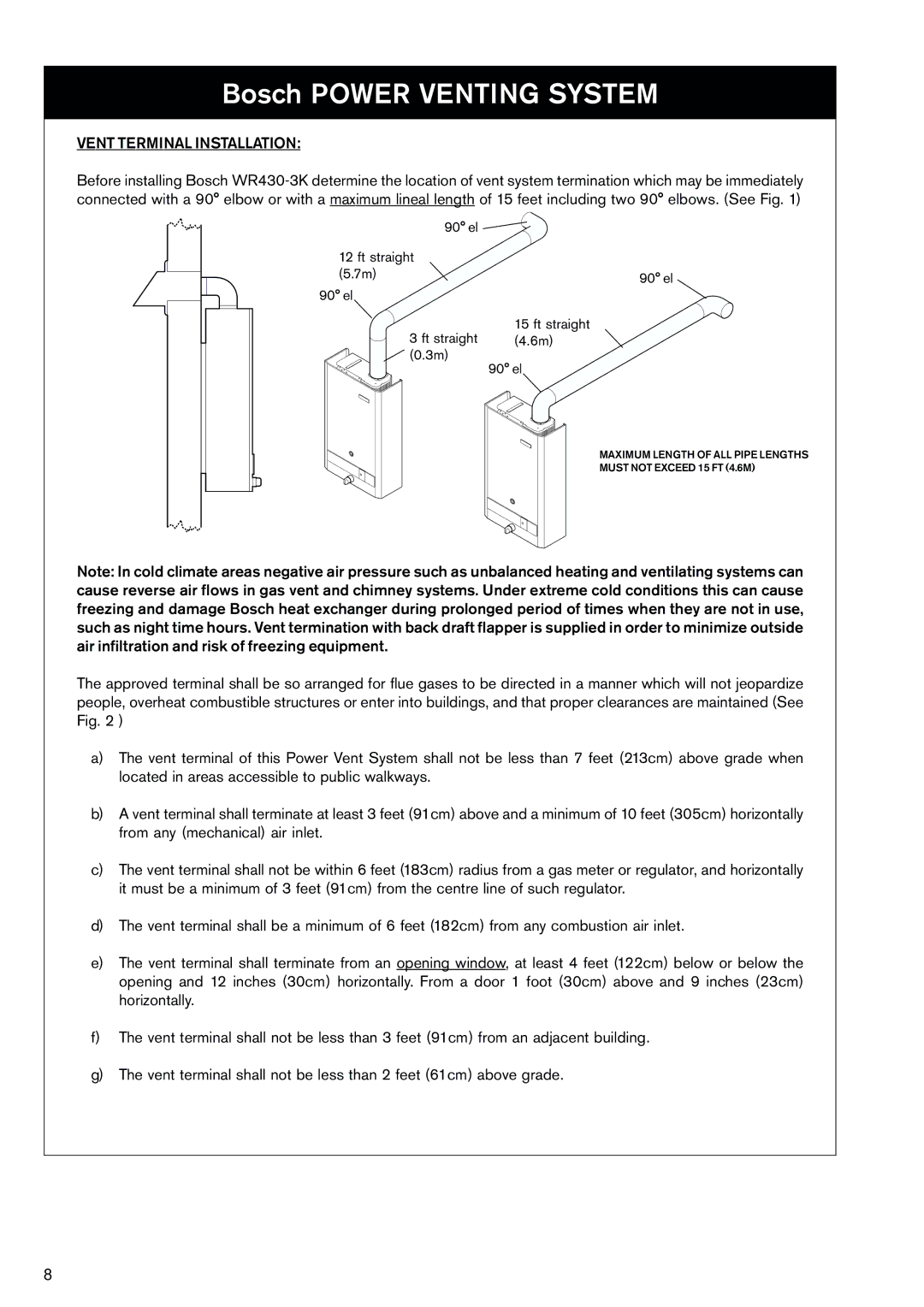 Bosch Appliances WR430-3K manual Vent Terminal Installation, el Ft straight Ft straight 4.6m 0.3m 