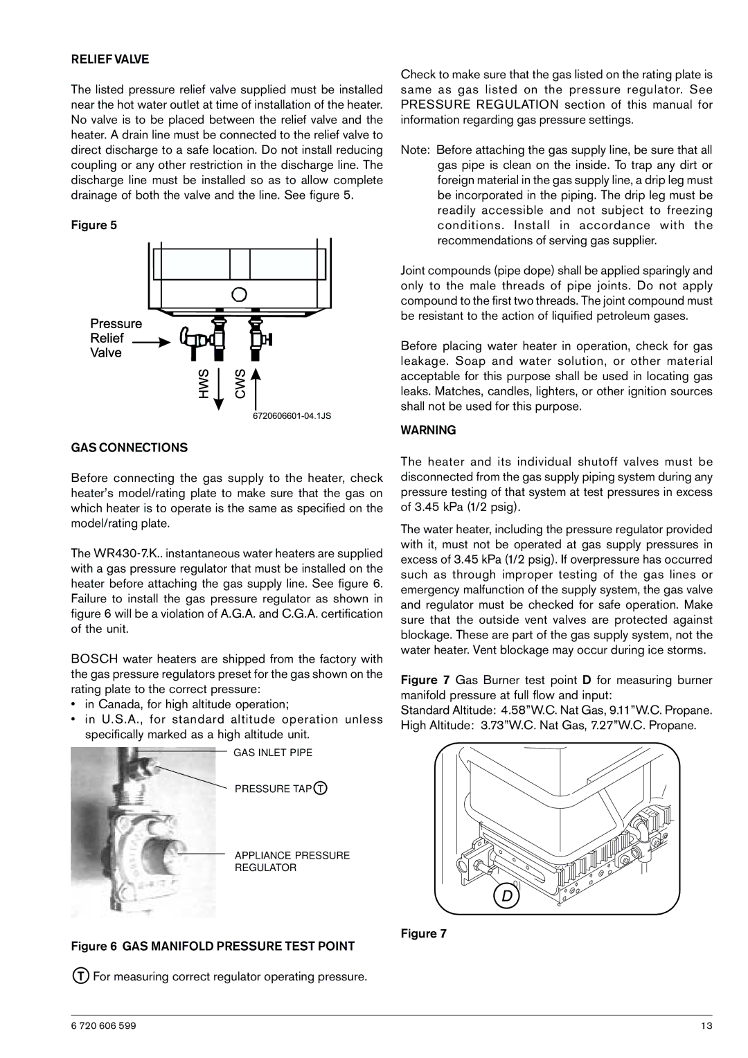 Bosch Appliances WR430-7K manual Relief Valve, GAS Connections 