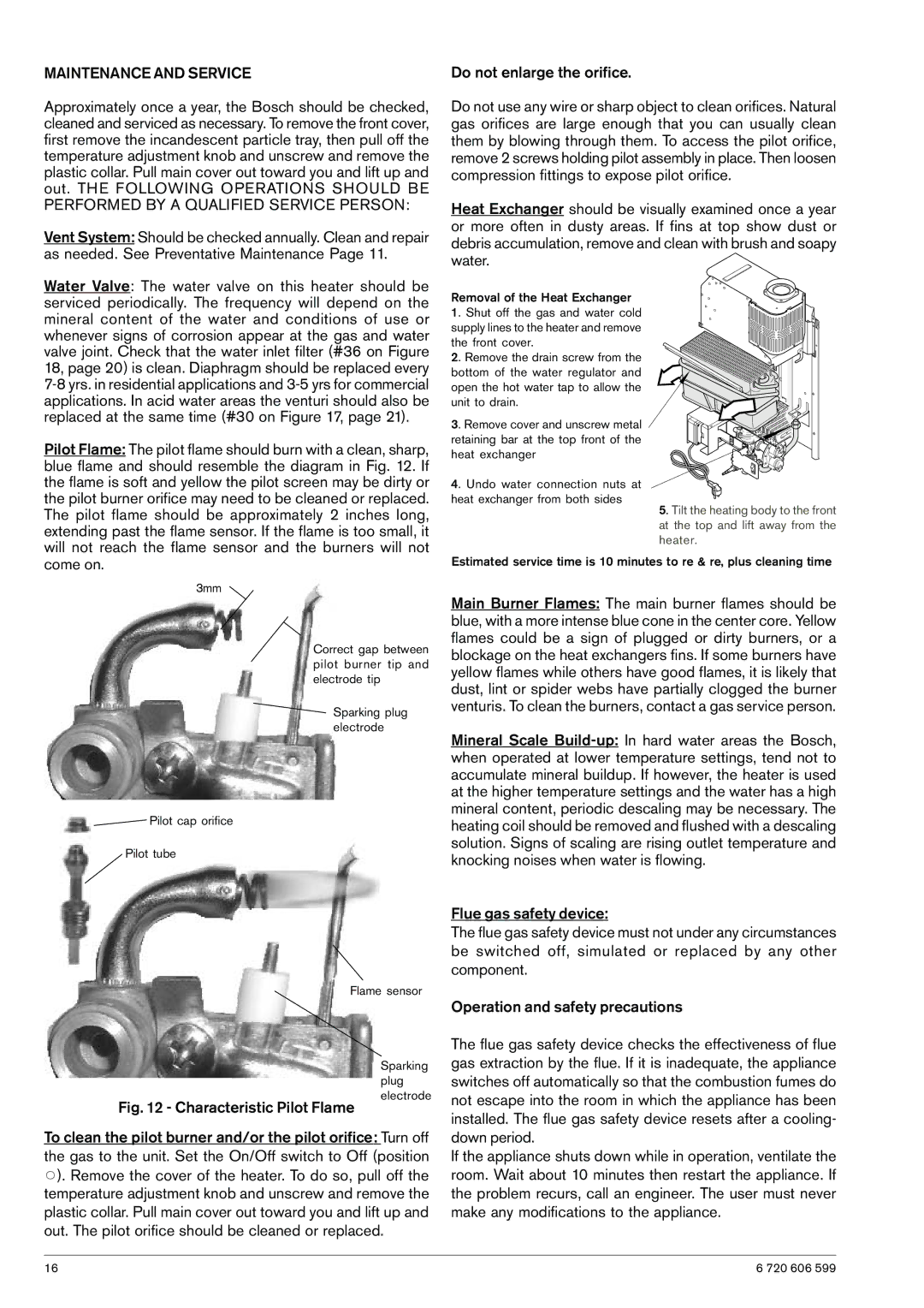 Bosch Appliances WR430-7K manual Maintenance and Service, Characteristic Pilot Flame 