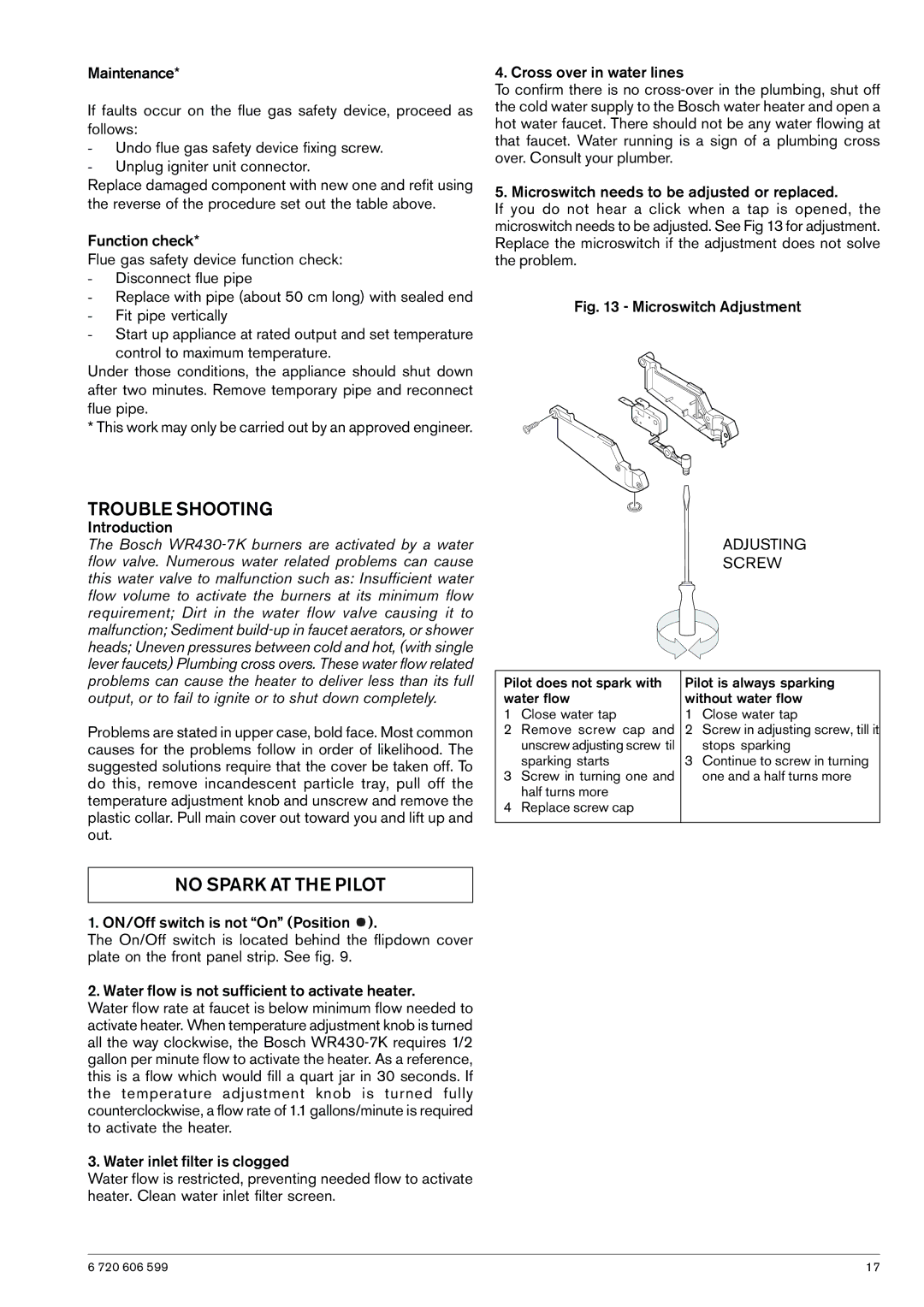 Bosch Appliances WR430-7K manual Trouble Shooting, No Spark AT the Pilot, Adjusting Screw 