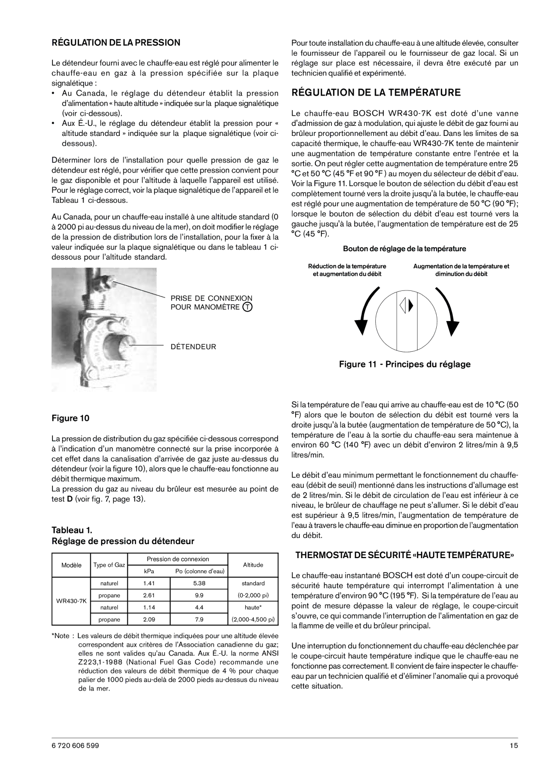 Bosch Appliances WR430-7K manual Régulation DE LA Pression, Thermostat DE Sécurité «HAUTE TEMPÉRATURE» 