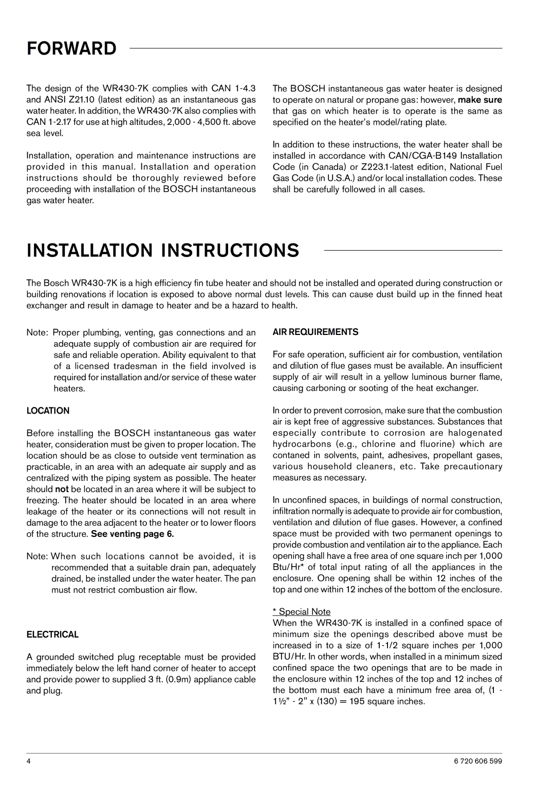 Bosch Appliances WR430-7K manual Location, Electrical, AIR Requirements 