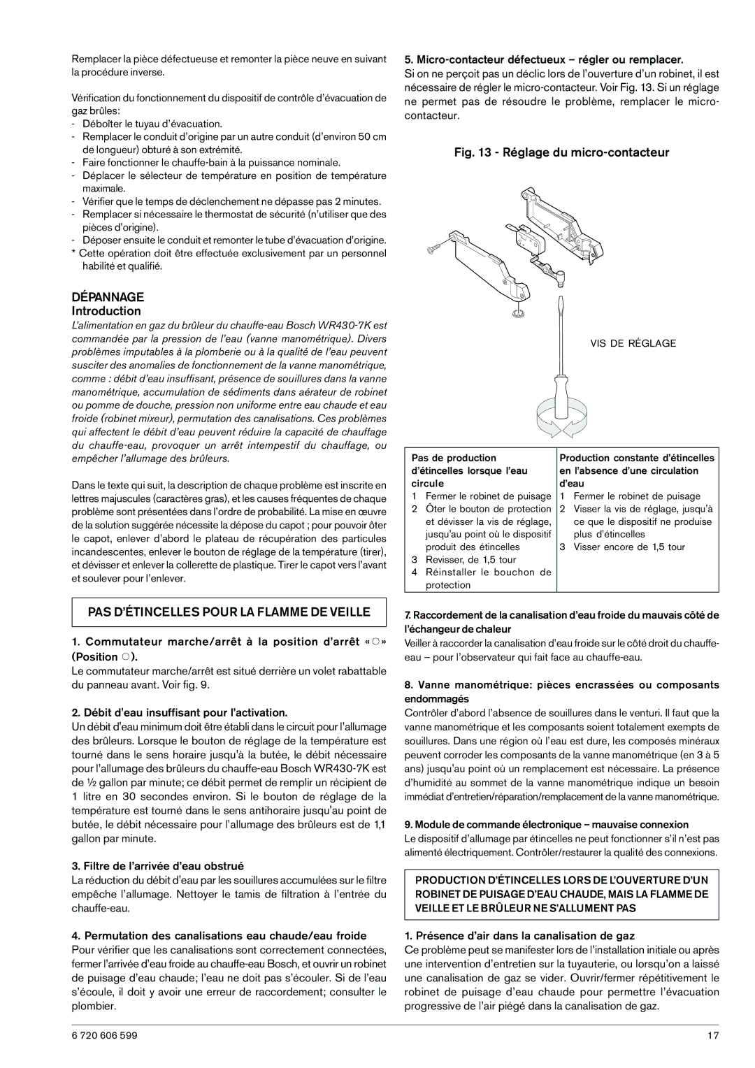 Bosch Appliances WR430-7K manual Dépannage, PAS D’ÉTINCELLES Pour LA Flamme DE Veille 