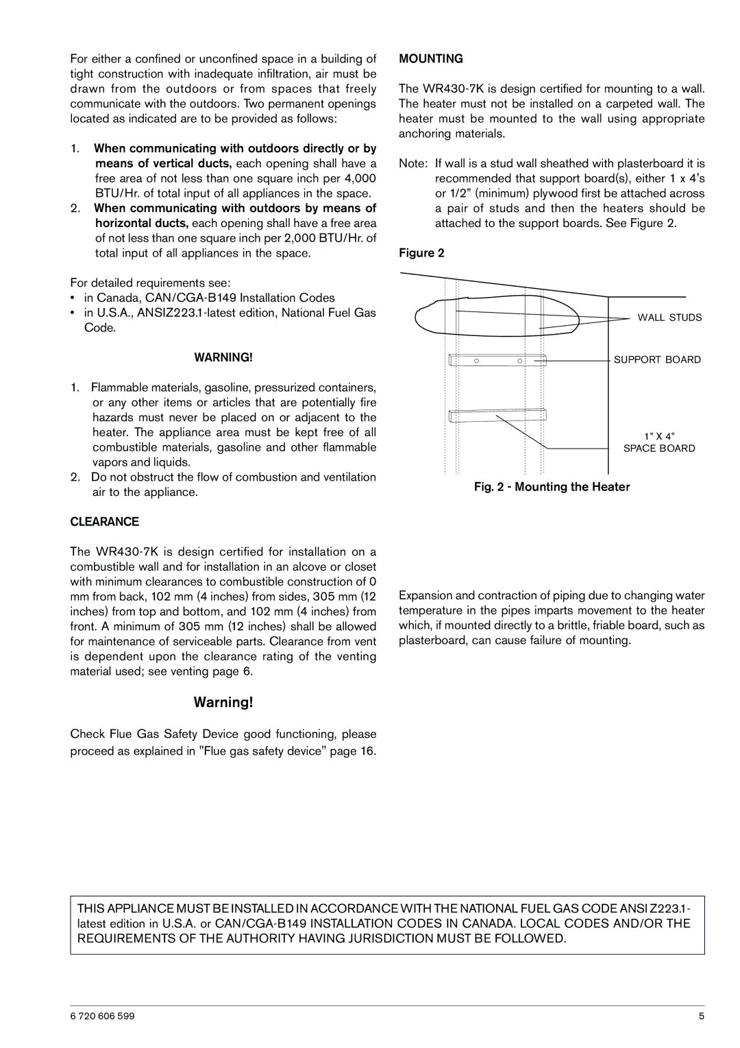 Bosch Appliances WR430-7K manual Clearance, Mounting 