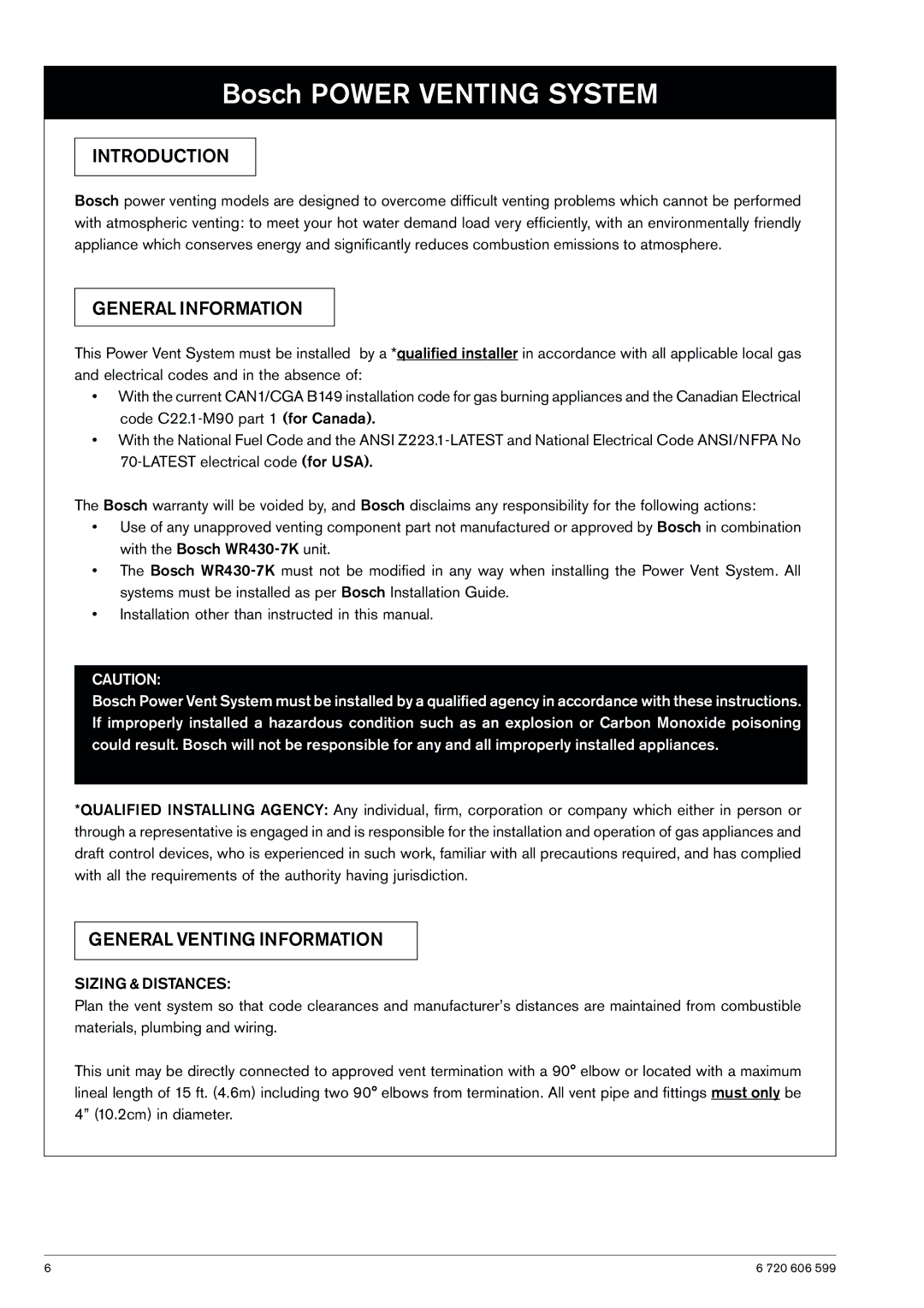 Bosch Appliances WR430-7K manual Introduction, General Information, General Venting Information, Sizing & Distances 