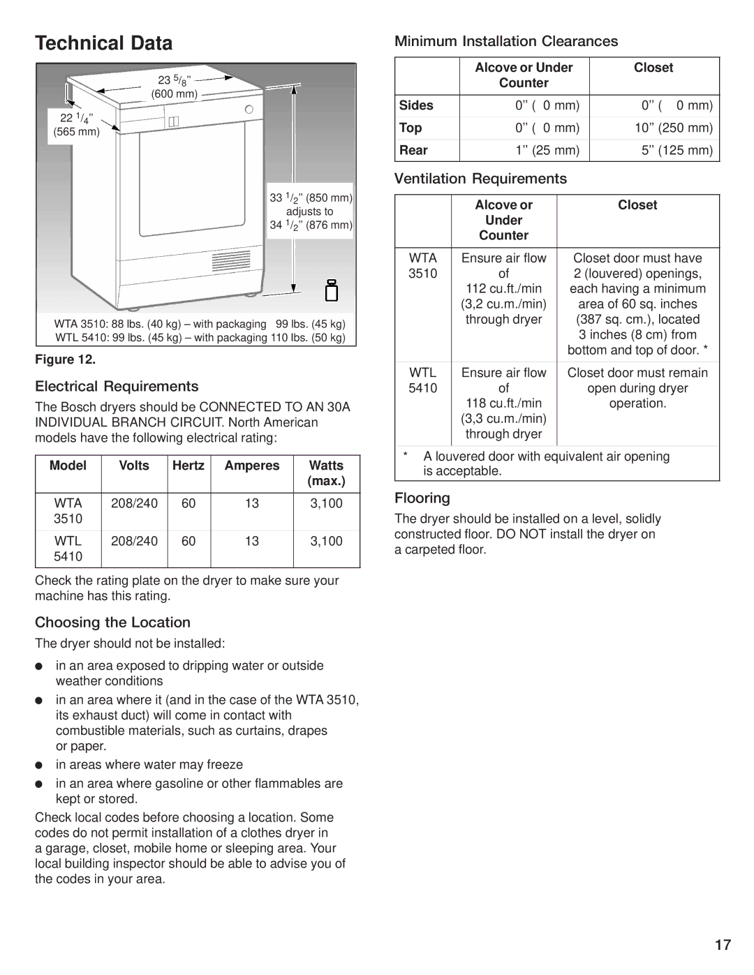 Bosch Appliances WTA 3510, WTL 5410 manual Technical Data 