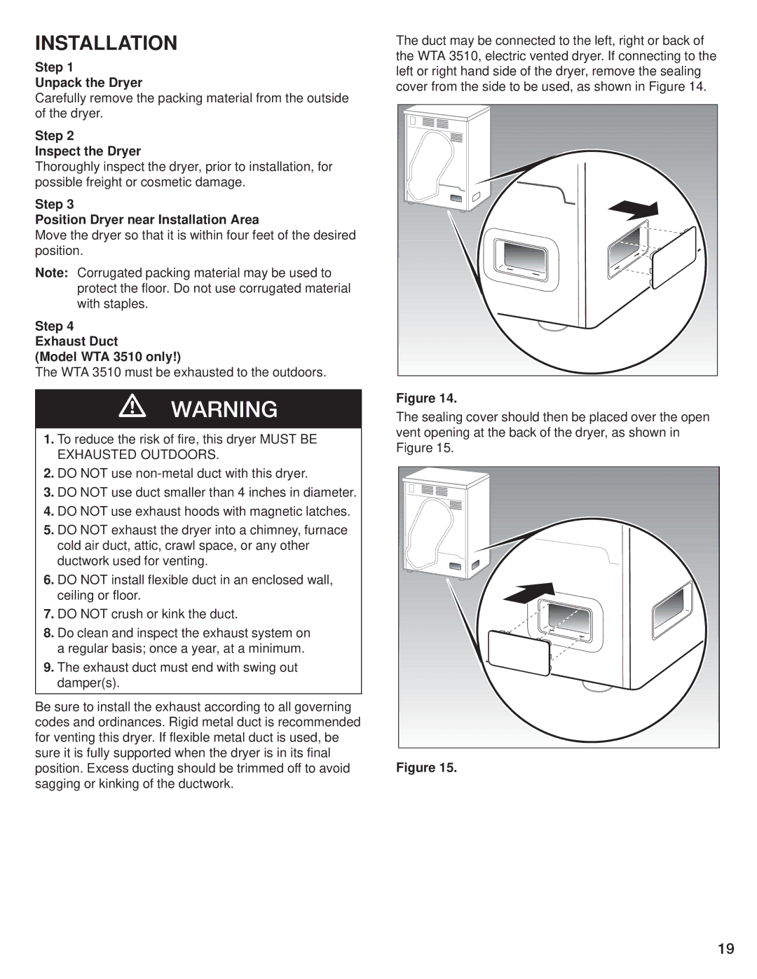 Bosch Appliances WTL 5410 Installation, Step Unpack the Dryer, Step Inspect the Dryer, Exhaust Duct Model WTA 3510 only 